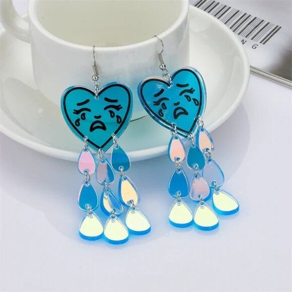 Iridescent Weeping Pop Art Crystalline Blue Heart Acrylic Earrings - Picture 1 of 4
